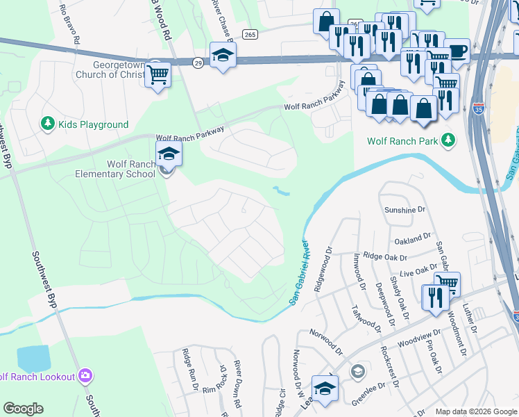 map of restaurants, bars, coffee shops, grocery stores, and more near 320 Arrowhead Mound Road in Georgetown