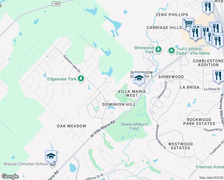 map of restaurants, bars, coffee shops, grocery stores, and more near 2131 Mountain Wind Loop in Bryan