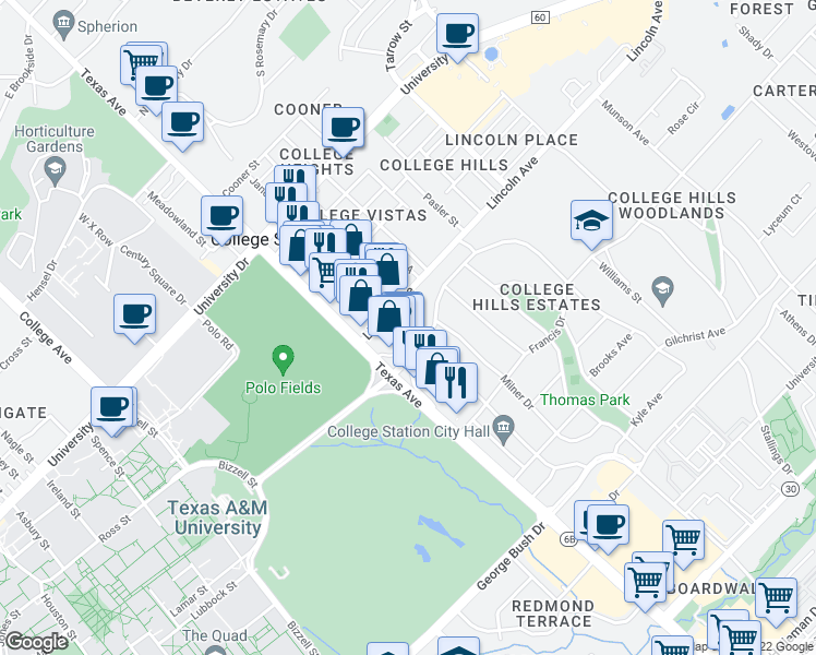 map of restaurants, bars, coffee shops, grocery stores, and more near 909 Foster Avenue in College Station