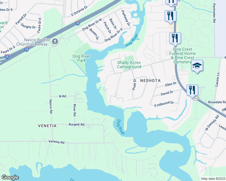 map of restaurants, bars, coffee shops, grocery stores, and more near 2123 Old Military Road in Mobile