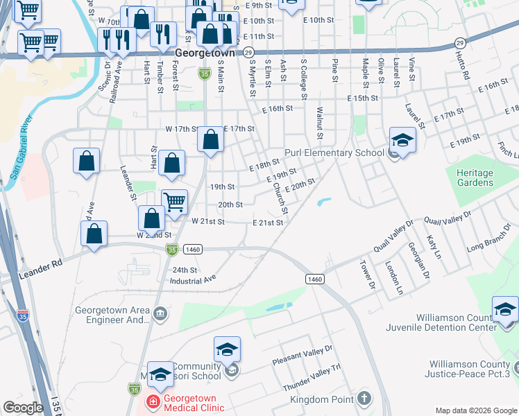 map of restaurants, bars, coffee shops, grocery stores, and more near 2200 South Church Street in Georgetown