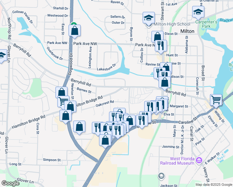 map of restaurants, bars, coffee shops, grocery stores, and more near 6573 Hamilton Bridge Road in Milton