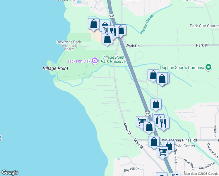 map of restaurants, bars, coffee shops, grocery stores, and more near 27485 Main Street in Daphne