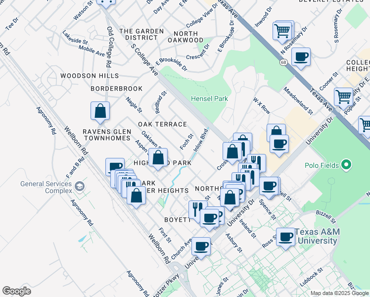 map of restaurants, bars, coffee shops, grocery stores, and more near 300 Foch Street in Bryan