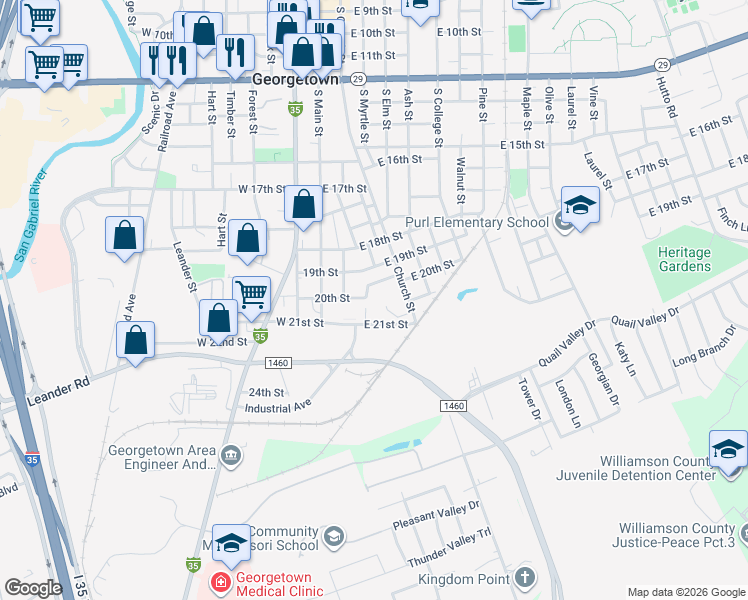 map of restaurants, bars, coffee shops, grocery stores, and more near 2200 South Church Street in Georgetown