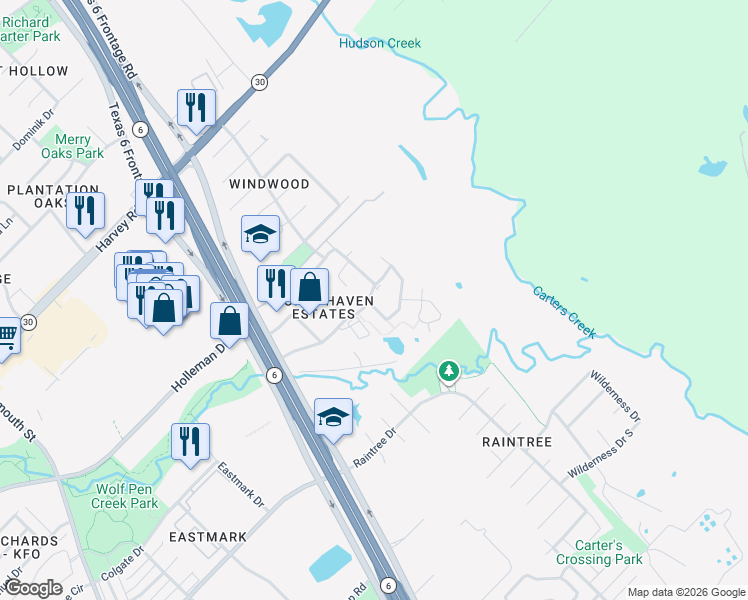 map of restaurants, bars, coffee shops, grocery stores, and more near 2713 Horse Haven Lane in College Station