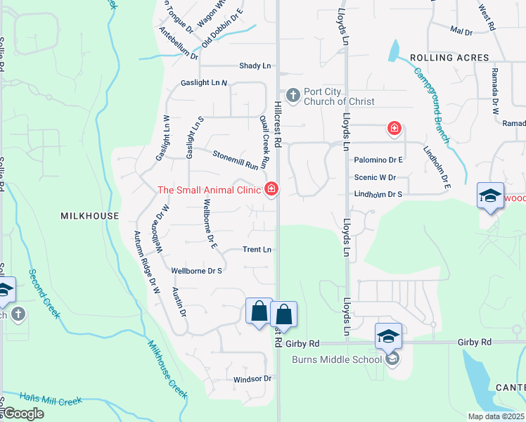 map of restaurants, bars, coffee shops, grocery stores, and more near 6408 Magnolia Place Court North in Mobile