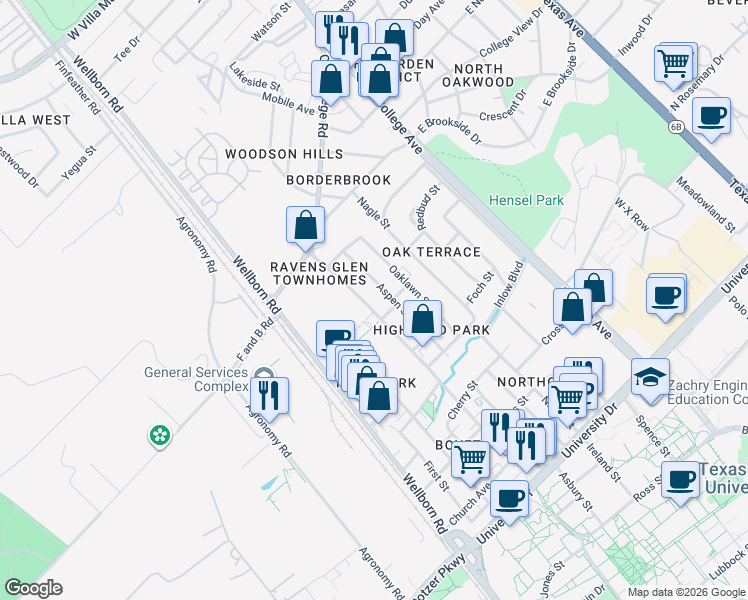 map of restaurants, bars, coffee shops, grocery stores, and more near 4007 College Main Street in Bryan