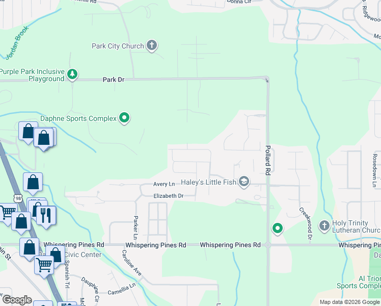 map of restaurants, bars, coffee shops, grocery stores, and more near 7699 Kari Lane in Daphne