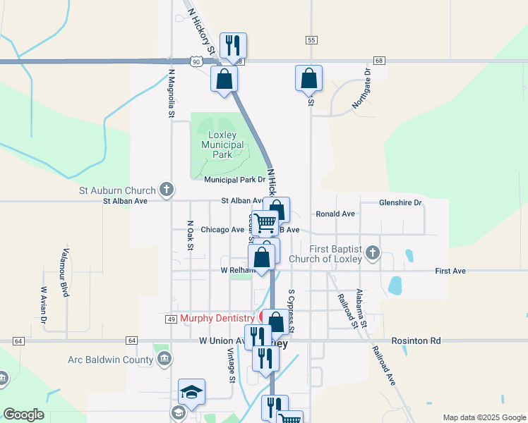 map of restaurants, bars, coffee shops, grocery stores, and more near 2135 North Hickory Street in Loxley