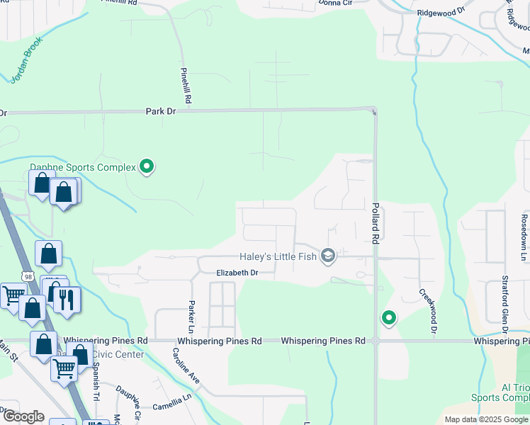 map of restaurants, bars, coffee shops, grocery stores, and more near 7699 Kari Lane in Daphne