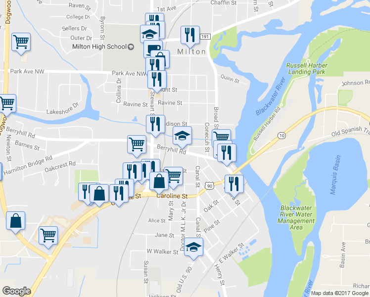 map of restaurants, bars, coffee shops, grocery stores, and more near 6768 Berryhill Street in Milton