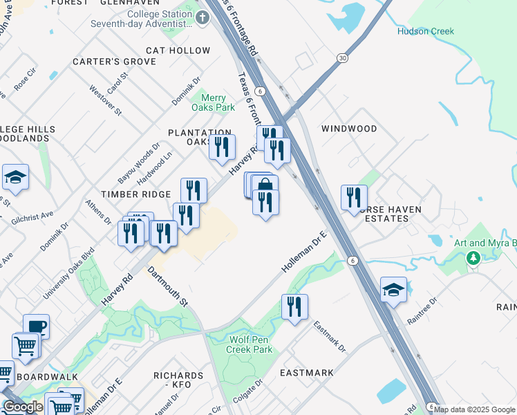 map of restaurants, bars, coffee shops, grocery stores, and more near 1500 Harvey Road in College Station