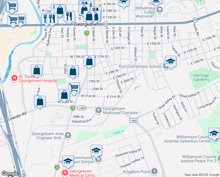 map of restaurants, bars, coffee shops, grocery stores, and more near 2200 South Church Street in Georgetown