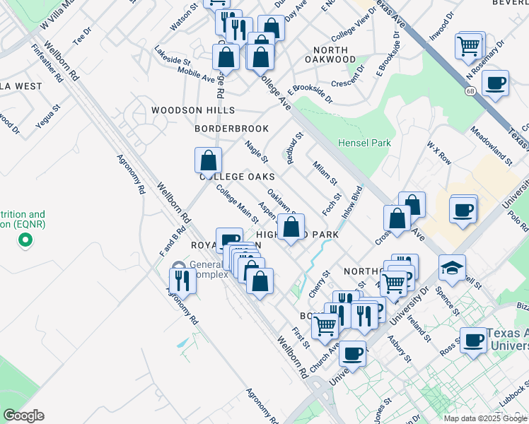 map of restaurants, bars, coffee shops, grocery stores, and more near 4102 Aspen Street in Bryan