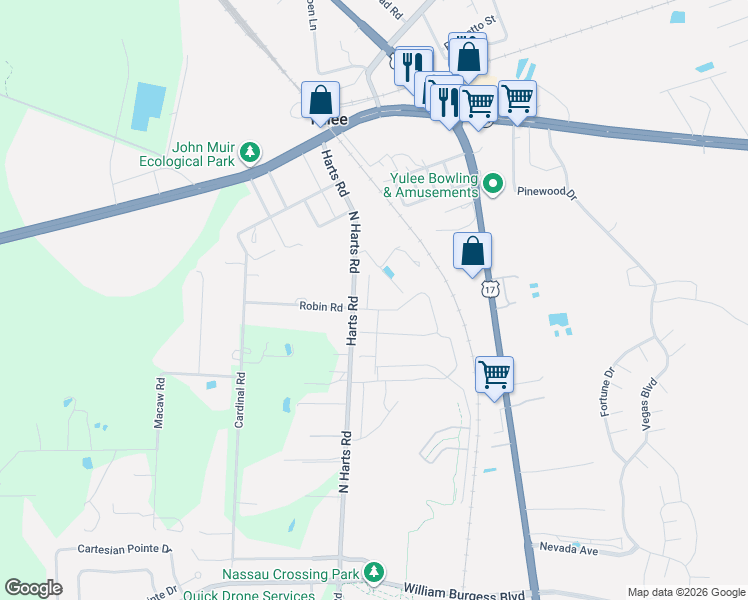map of restaurants, bars, coffee shops, grocery stores, and more near 106 Harts Road in Yulee