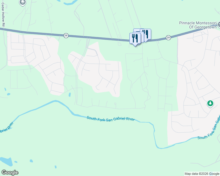 map of restaurants, bars, coffee shops, grocery stores, and more near 125 Cross Mountain Trail in Georgetown