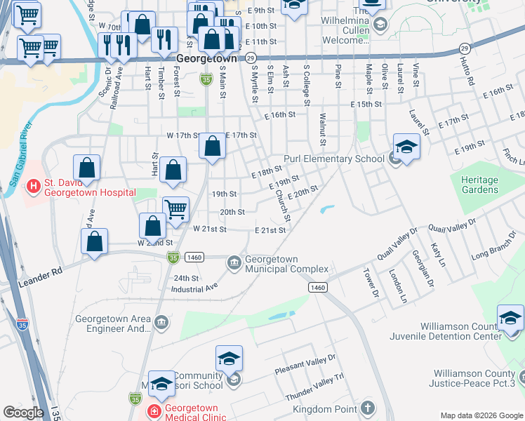 map of restaurants, bars, coffee shops, grocery stores, and more near 2200 South Church Street in Georgetown