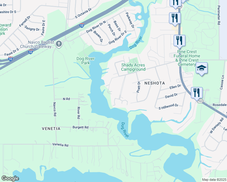 map of restaurants, bars, coffee shops, grocery stores, and more near 2123 Old Military Road in Mobile