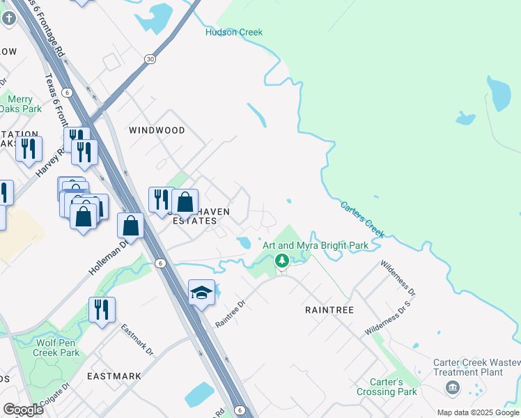 map of restaurants, bars, coffee shops, grocery stores, and more near 6923 Halter Loop in College Station