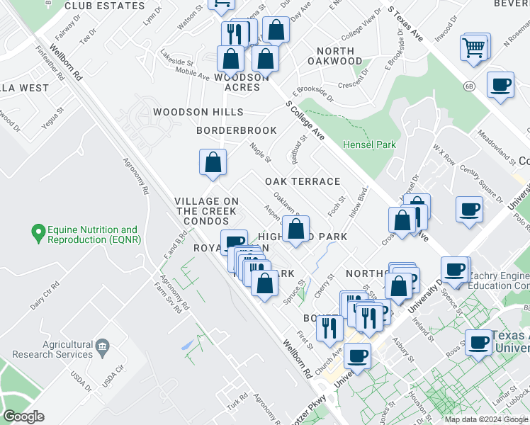 map of restaurants, bars, coffee shops, grocery stores, and more near 4007 College Main Street in Bryan