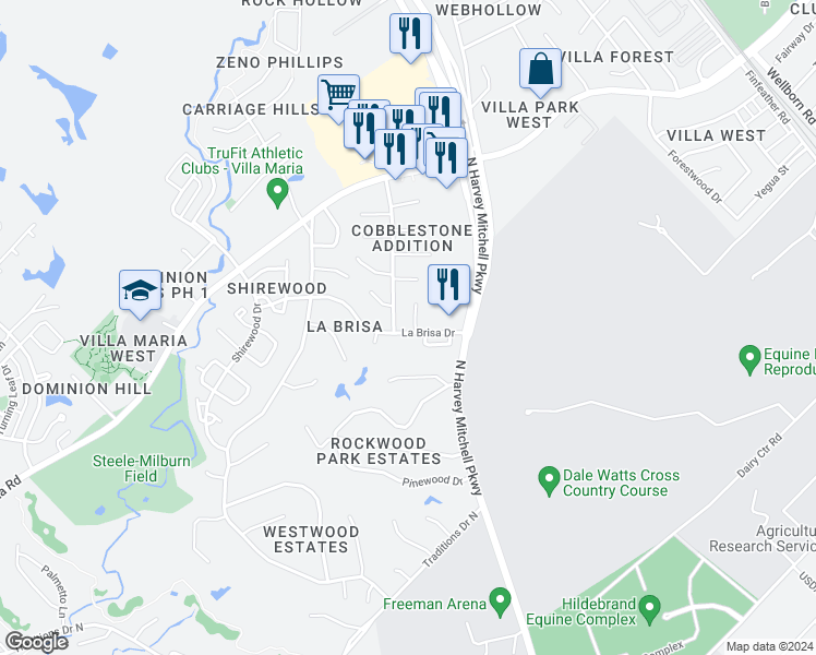 map of restaurants, bars, coffee shops, grocery stores, and more near 2415 Jaguar Drive in Bryan
