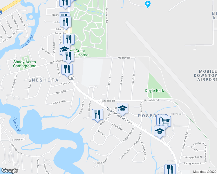 map of restaurants, bars, coffee shops, grocery stores, and more near 2194 Cassie Lane in Mobile