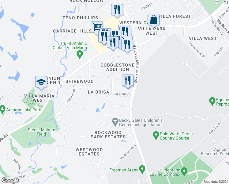map of restaurants, bars, coffee shops, grocery stores, and more near 2002 Labrisa Drive in Bryan