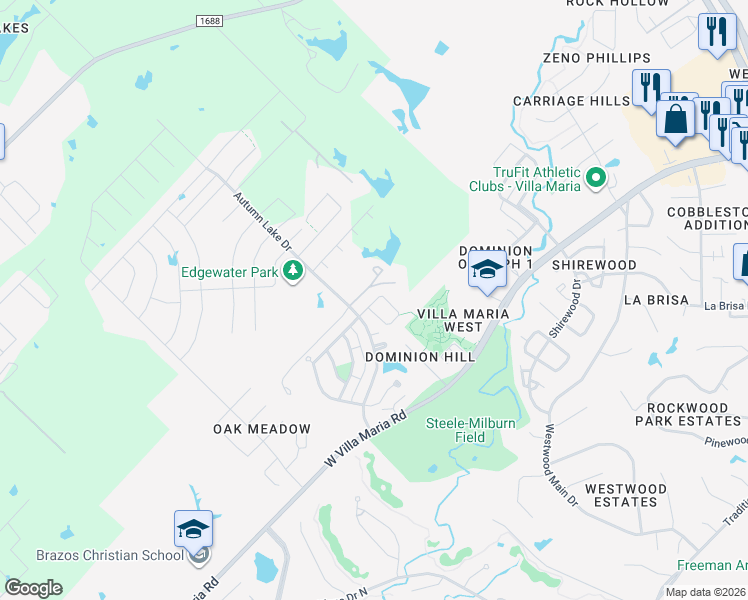 map of restaurants, bars, coffee shops, grocery stores, and more near 6906 Chick Lane in Bryan