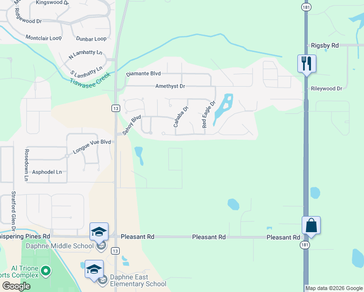 map of restaurants, bars, coffee shops, grocery stores, and more near 9364 Marchand Ave in Daphne