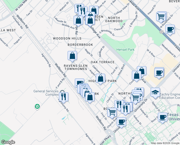 map of restaurants, bars, coffee shops, grocery stores, and more near 4007 College Main Street in Bryan