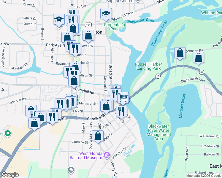 map of restaurants, bars, coffee shops, grocery stores, and more near 5201 Broad Street in Milton