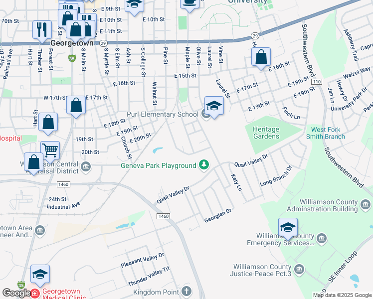 map of restaurants, bars, coffee shops, grocery stores, and more near 2103 Coffee Street in Georgetown