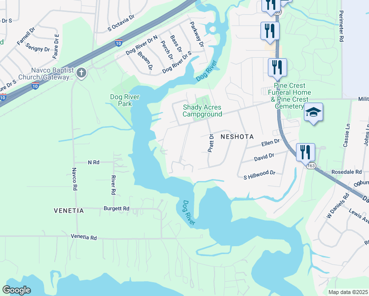 map of restaurants, bars, coffee shops, grocery stores, and more near 217 Riverbend Drive in Mobile