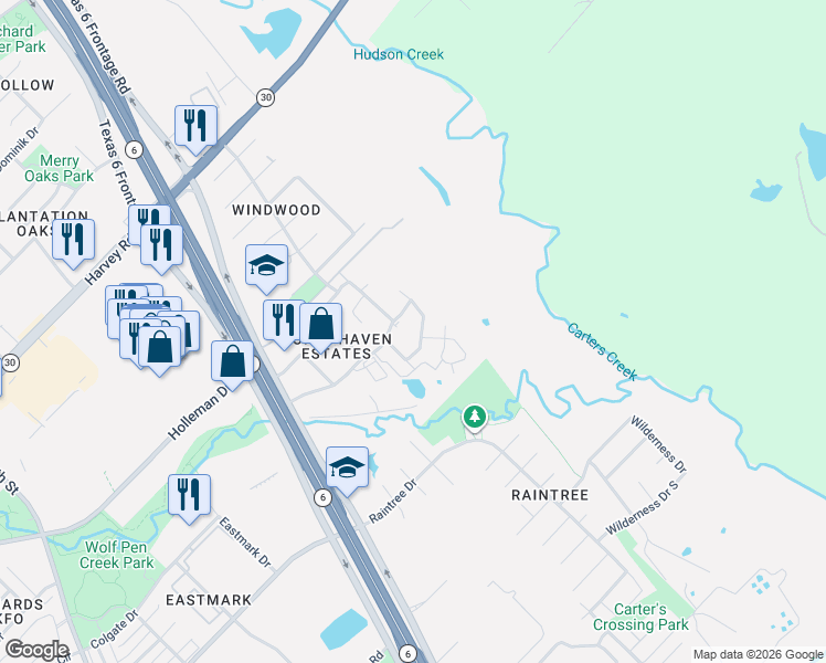 map of restaurants, bars, coffee shops, grocery stores, and more near 2823 Horseback Drive in College Station