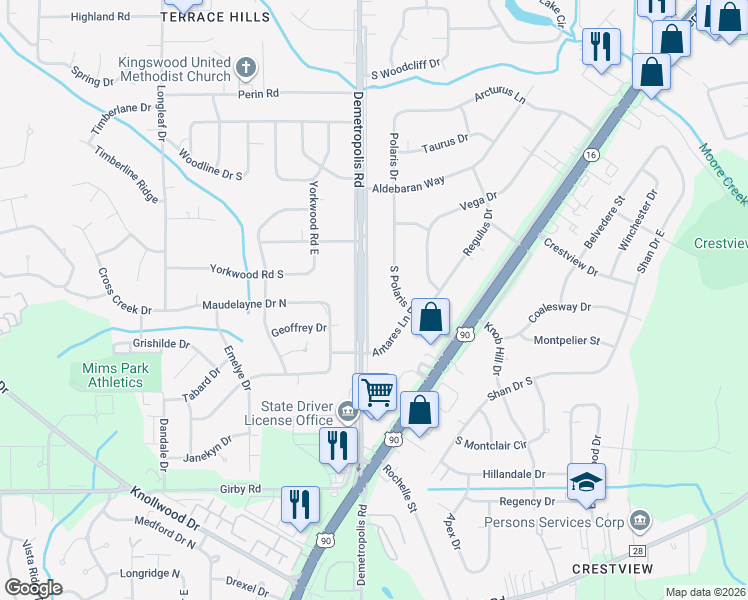 map of restaurants, bars, coffee shops, grocery stores, and more near 3151 Demetropolis Rd in Mobile