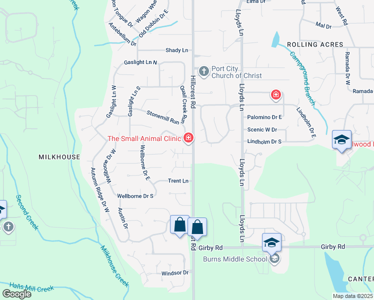 map of restaurants, bars, coffee shops, grocery stores, and more near 6404 Magnolia Place Court North in Mobile