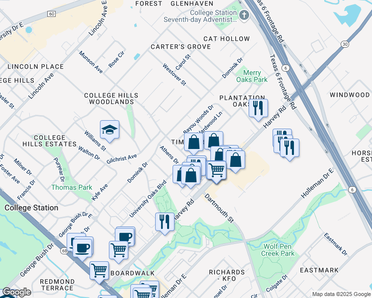 map of restaurants, bars, coffee shops, grocery stores, and more near 1004 Hardwood Lane in College Station