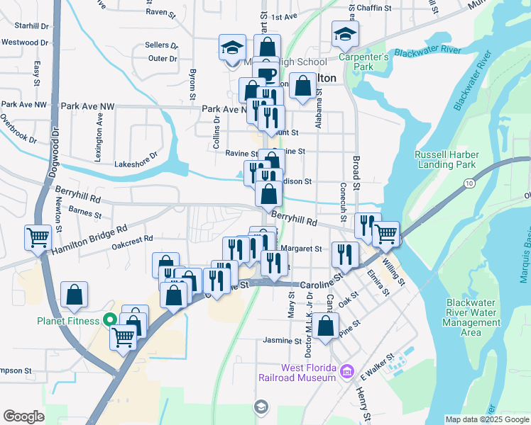 map of restaurants, bars, coffee shops, grocery stores, and more near 6692 Berryhill Rd in Milton