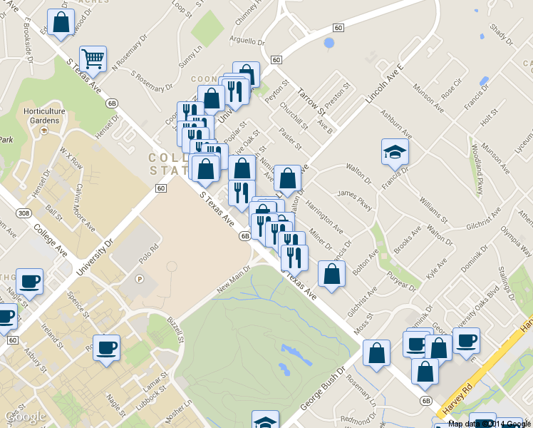 map of restaurants, bars, coffee shops, grocery stores, and more near 805 Texas Avenue in College Station