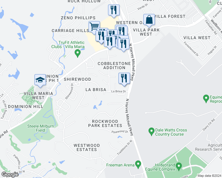 map of restaurants, bars, coffee shops, grocery stores, and more near 2415 Jaguar Drive in Bryan