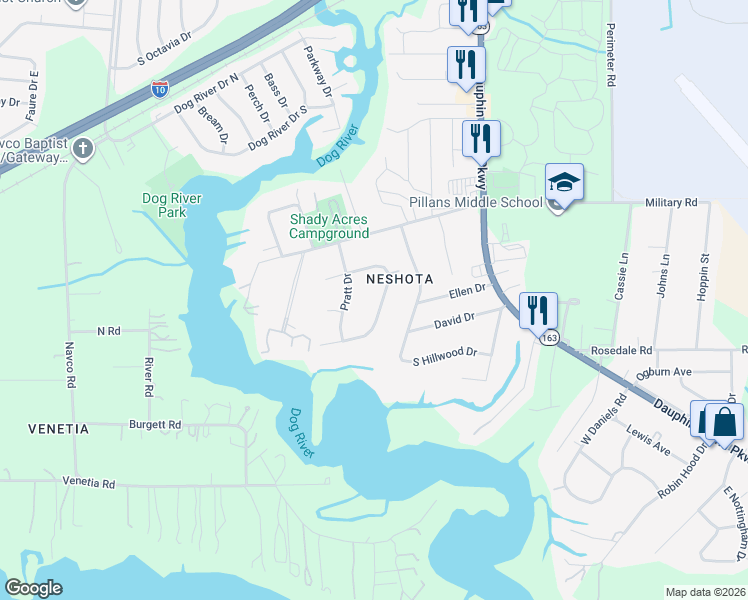 map of restaurants, bars, coffee shops, grocery stores, and more near 2214 East Vaughan Drive in Mobile