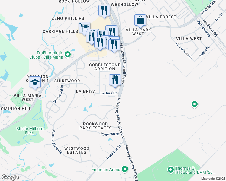 map of restaurants, bars, coffee shops, grocery stores, and more near 1916 Labrisa Drive in Bryan