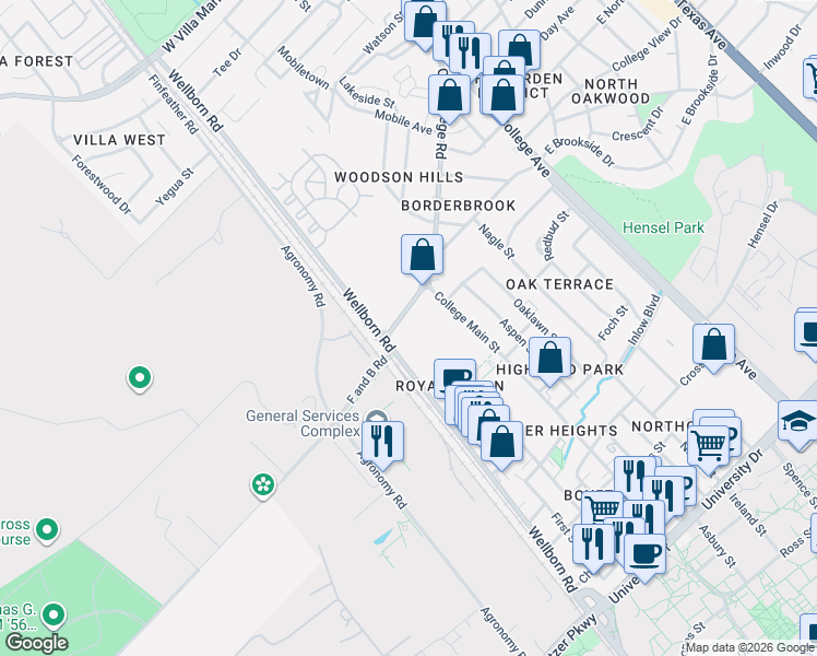 map of restaurants, bars, coffee shops, grocery stores, and more near 4441 Old College Road in Bryan