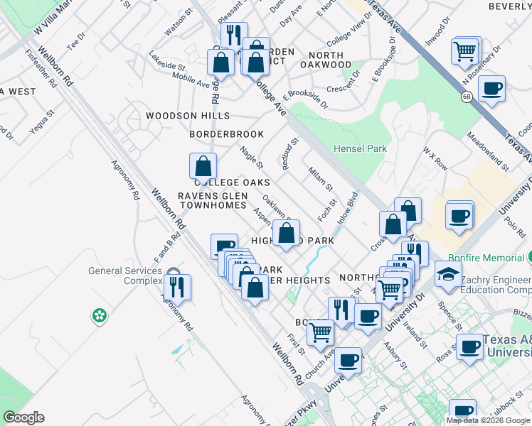 map of restaurants, bars, coffee shops, grocery stores, and more near 4210 Oaklawn Street in Bryan