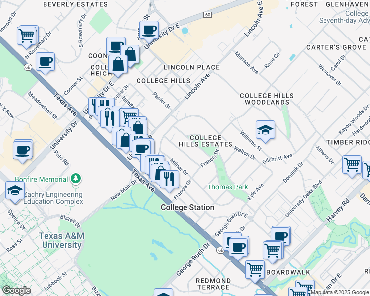 map of restaurants, bars, coffee shops, grocery stores, and more near 1015 Harrington Avenue in College Station