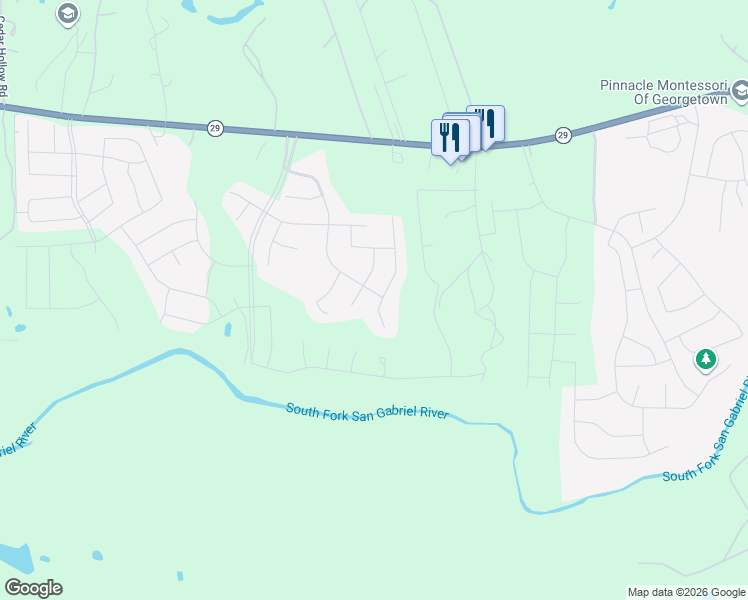 map of restaurants, bars, coffee shops, grocery stores, and more near 125 Cross Mountain Trail in Georgetown