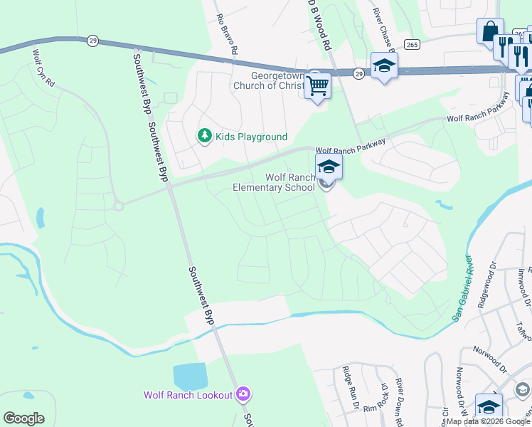 map of restaurants, bars, coffee shops, grocery stores, and more near 1225 Legends Lane in Georgetown