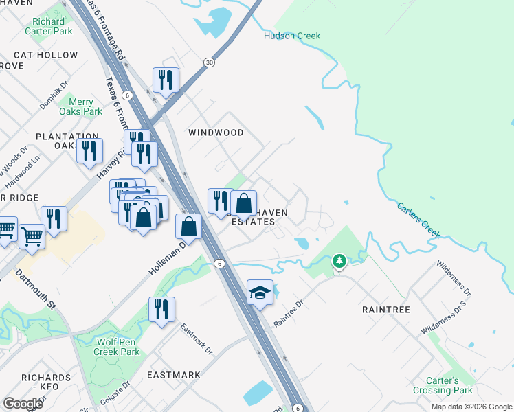 map of restaurants, bars, coffee shops, grocery stores, and more near 6909 Appomattox Drive in College Station