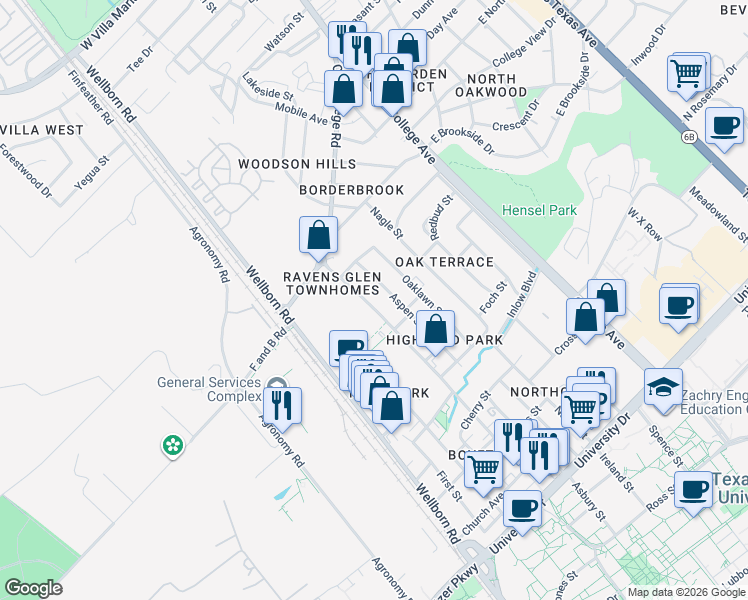 map of restaurants, bars, coffee shops, grocery stores, and more near 4007 College Main Street in Bryan